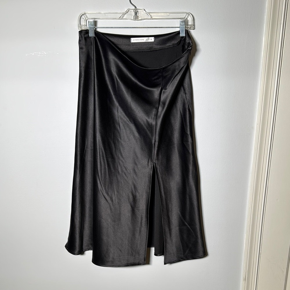 Altar'd State Black Midi Satin Skirt with Slit for Cocktail